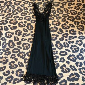 Vintage Atomic Age Black Beaded Fringe Midi Dress M Gatsby Flapper NWT